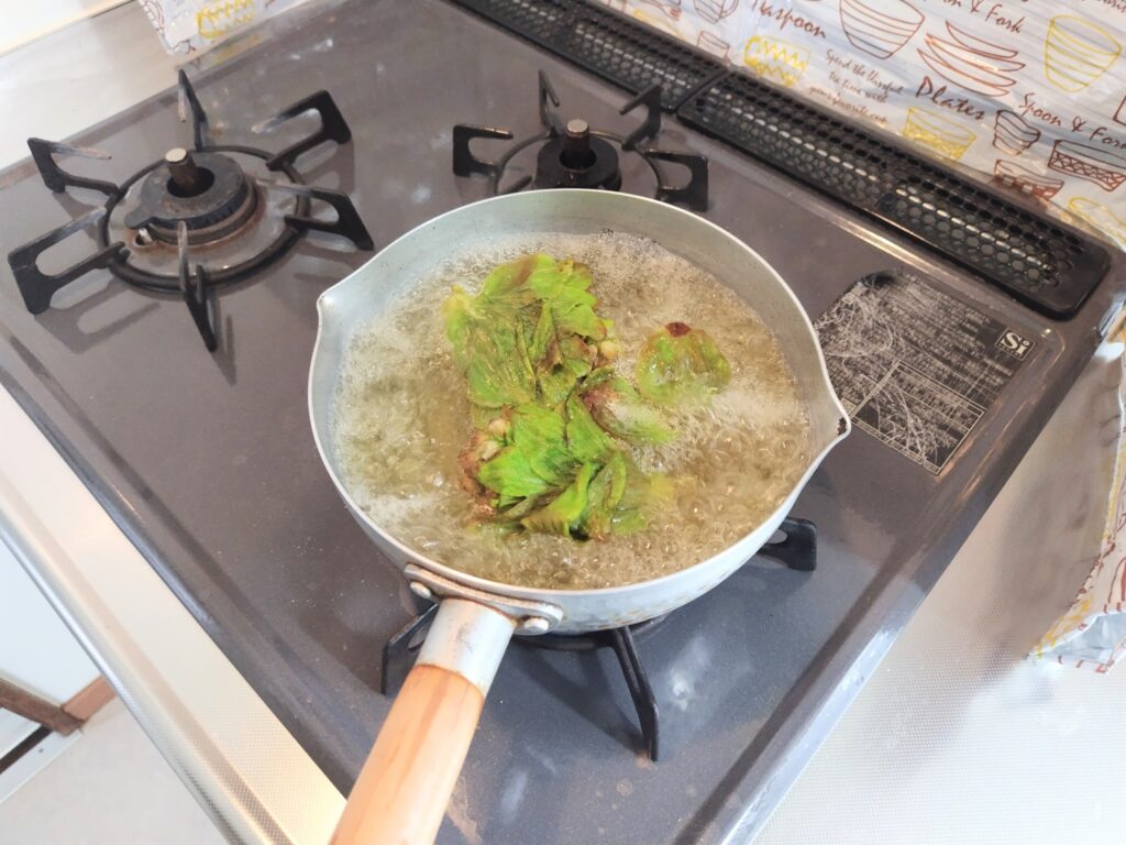 ふきのとう　茹でているところ